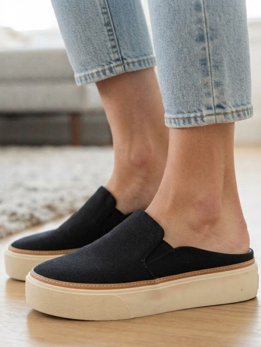 Toms Sunrise Mule-Style Sneakers, Black Canvas, Size 6.5